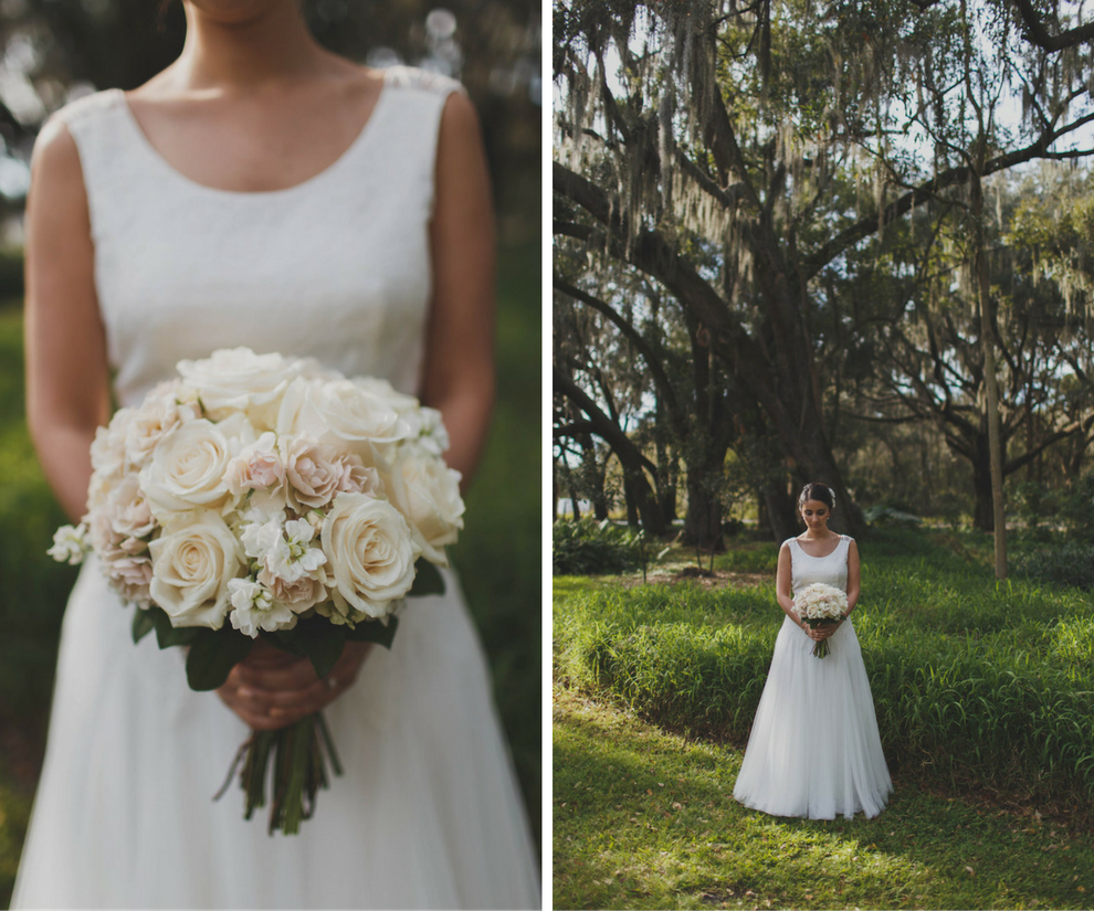 Outdoor, Bridal Wedding Portrait in White Anna Kara Wedding Dress and Bush Pink and Peach Rose and Ivory Floral Bouquet | Simple Elegant Wedding Dress Inspiration & Ideas