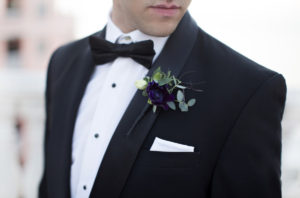 Black Groom's Wedding Tux with Deep Dark Purple Boutonnière | Groom Attire Ideas and Inspiration | Clearwater Wedding Photographer Djamel Photography