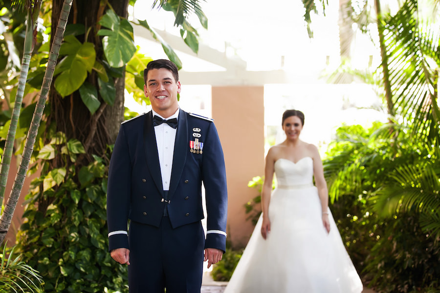 Military Bride and Groom First Look Wedding Portrait |St. Petersburg Wedding Photographer Limelight Photography