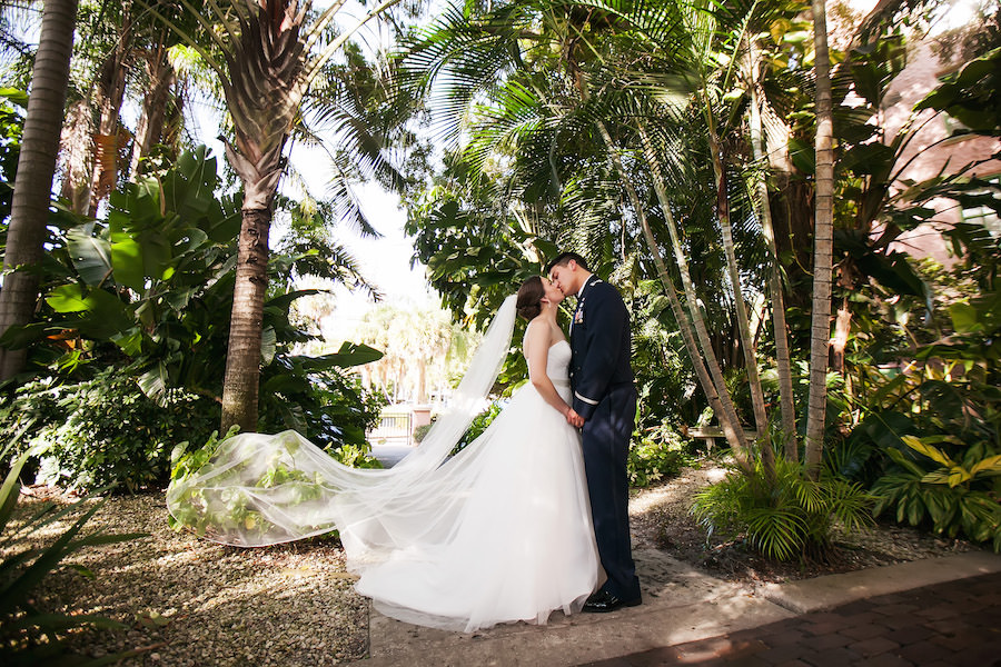 Military Bride and Groom Outdoor Wedding Portrait in Tropical Gardens | St. Petersburg Wedding Photographer Limelight Photography