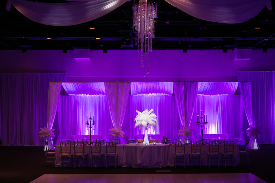 Purple Uplighting and Pin-spotting Lighting Effects for Florida Modern Wedding Reception with Drapery by Tampa Event Rental Company Gabro Event Services