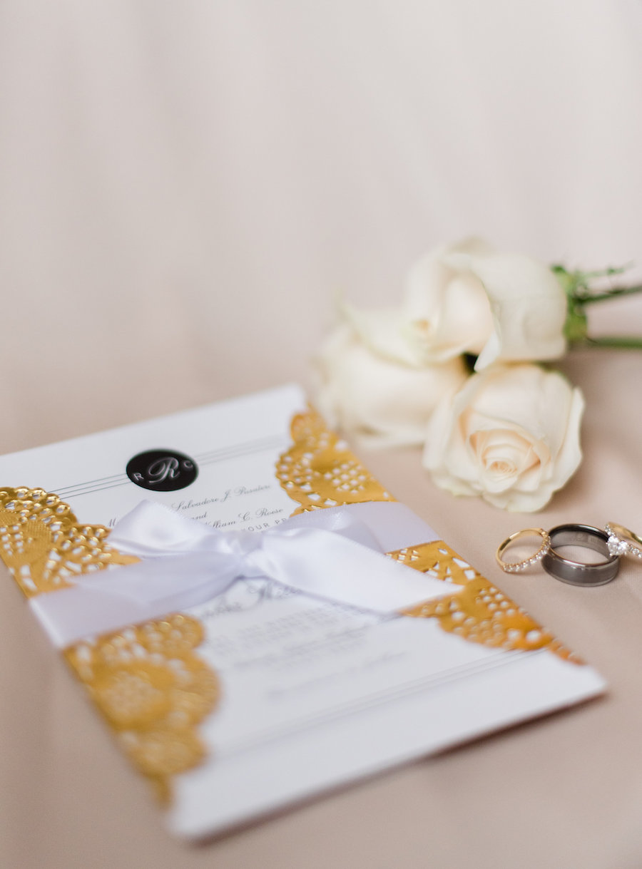 Elegant Gold Lace and White Wedding Invitation