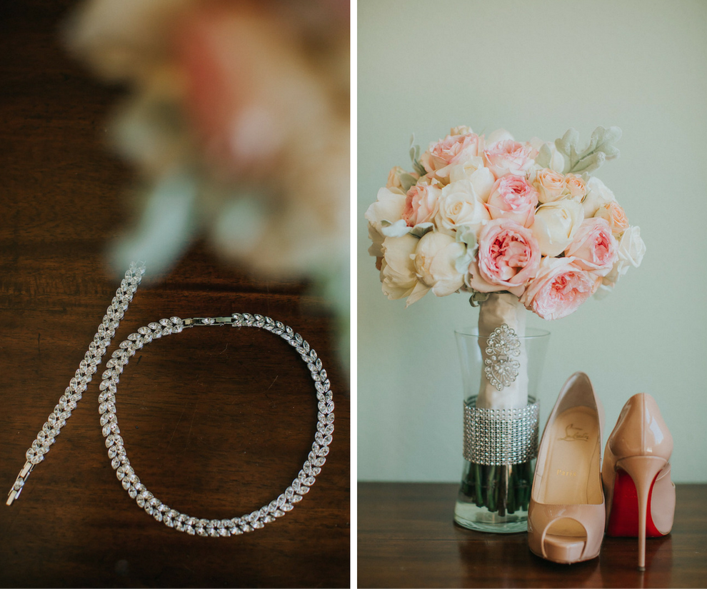 Diamond Wedding Necklace Jewelry and Bracelet and Nude Christian Louboutin Wedding Shoes with Peach, Pink Blush and White Bouquet