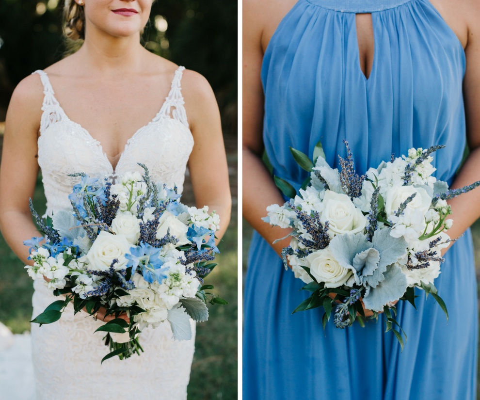 Bride in Ivory, Lace, Martina Liana Wedding Dress and Blue and White Bridal Bouquet | Blue Bridesmaids Dress and Blue and White Wedding Bouquet | Sarasota Wedding Florist Apple Blossoms Floral Design