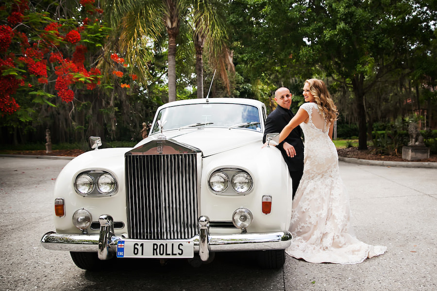 Bride and Groom Wedding Portrait with Vintage Rolls Royce Car | Sarasota Wedding Photographer Limelight Photography