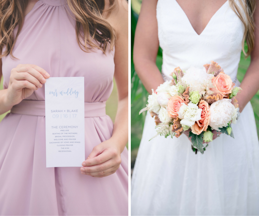 Peach and Rose Tropical Beach Destination Wedding Bouquet and Bridesmaid Dress