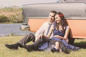 Vintage Bel Air Chevy Car Wedding Engagement Session Shoot With Navy Blue Dress and Outfit