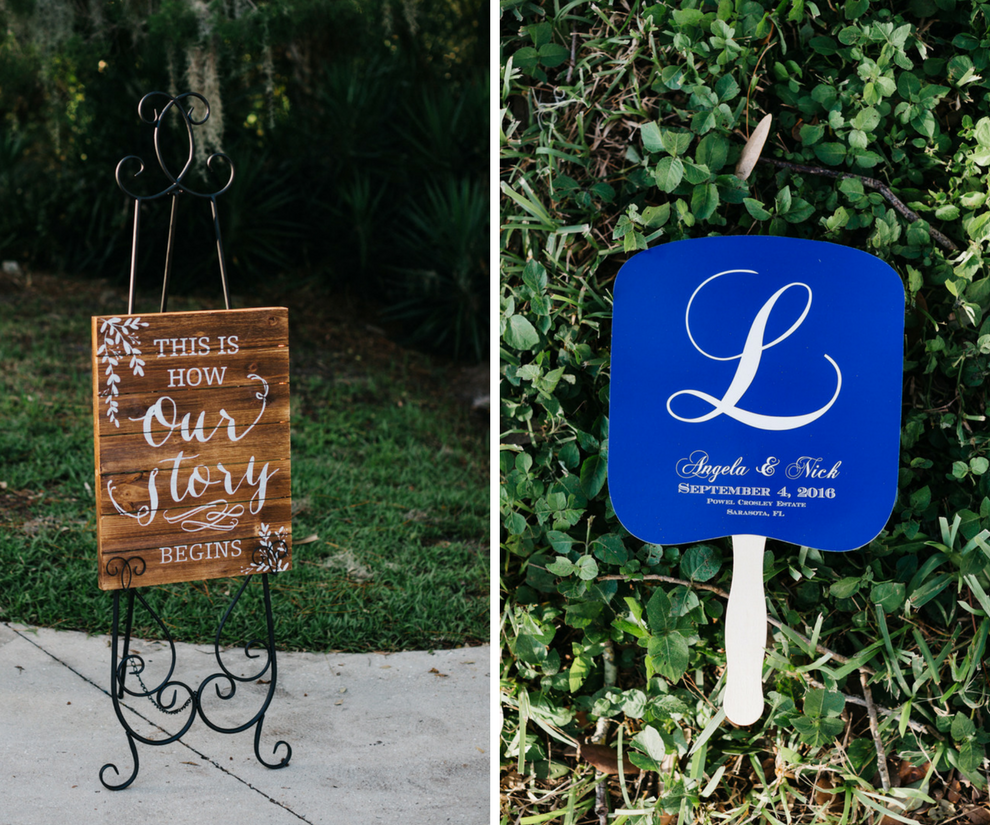 "This Is How Our Story Begins" Wooden Wedding Ceremony Sign and Blue Guest Fans for Outdoor Wedding