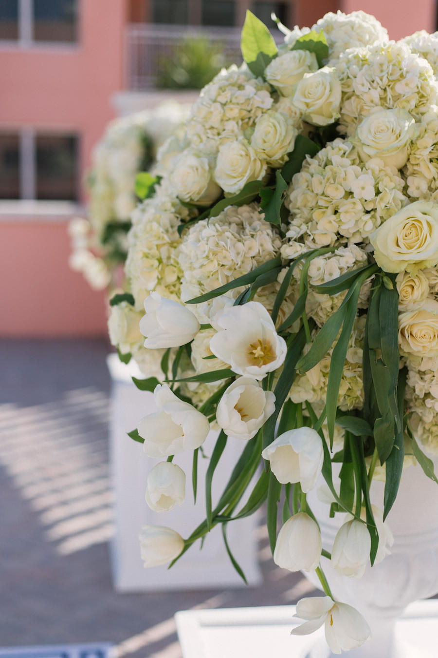 Classic, Elegant White Wedding Ceremony Decor Flowers on Pedestal