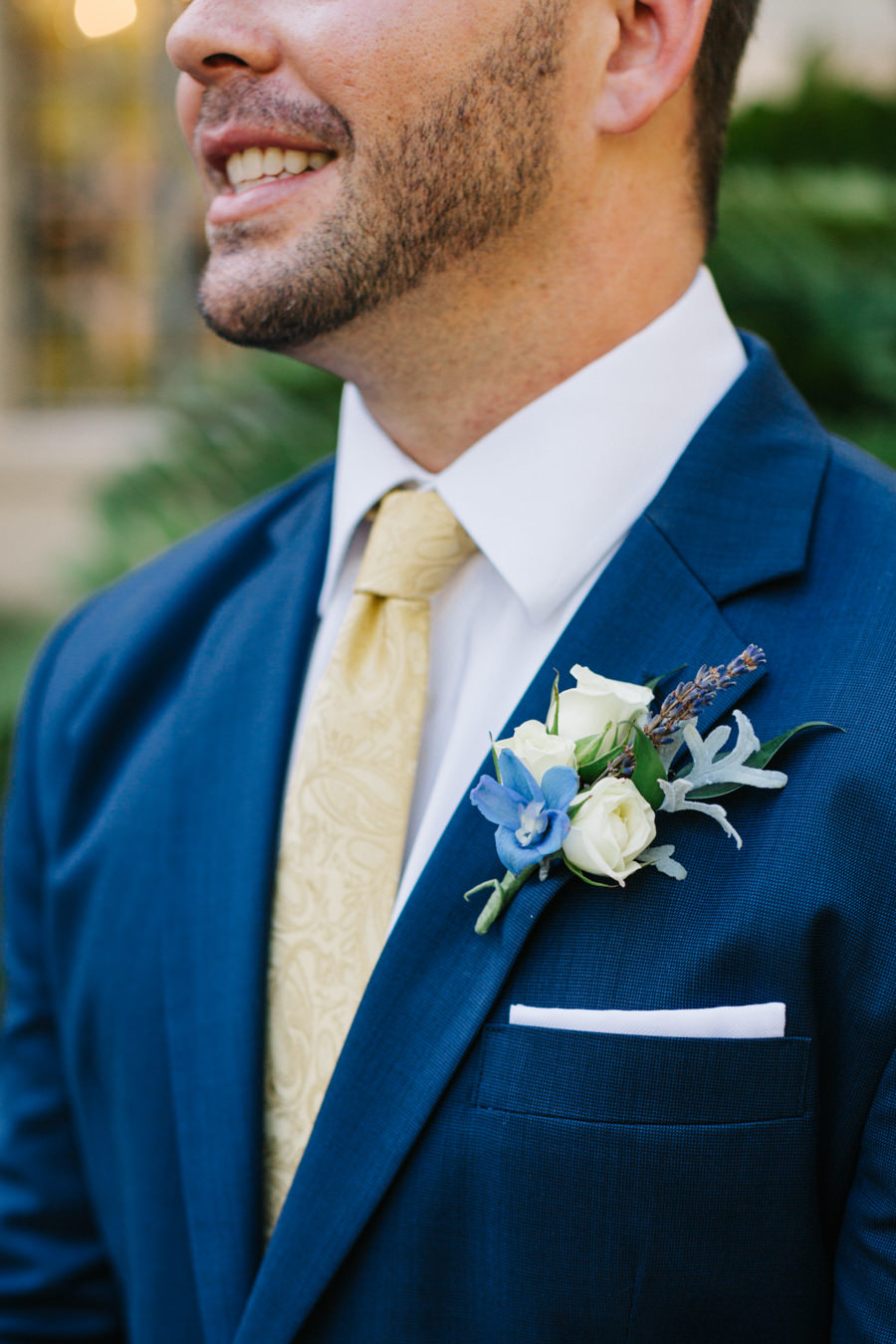Blue Groom's Suit and Blue and White Boutonniere Detail | Sarasota Wedding Florist Apple Blossoms Floral Design