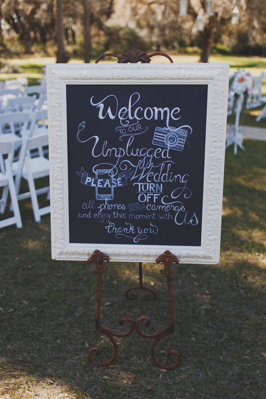 Unplugged Wedding Chalkboard Sign at Ceremony Wedding Portrait