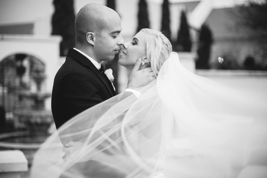 Bride and Groom Garden Wedding Portrait with Veil | Tampa Country Club Wedding Venue The Palmetto Club