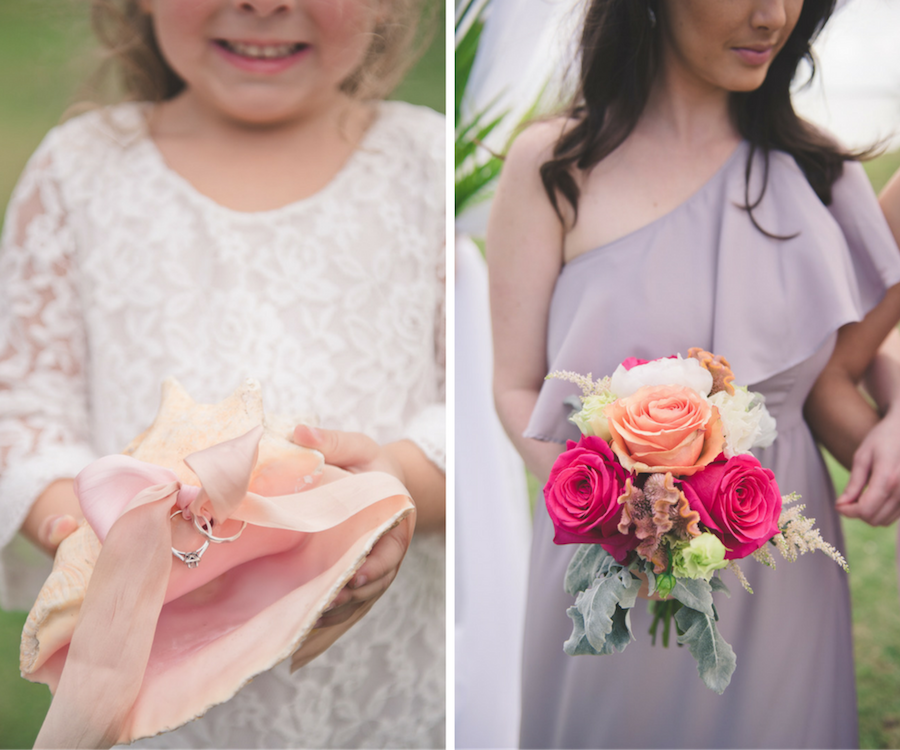 Conch Shell Wedding Ring Holder | Pink and Peach Bridesmaid Bouquet with Lavender Purple Dress