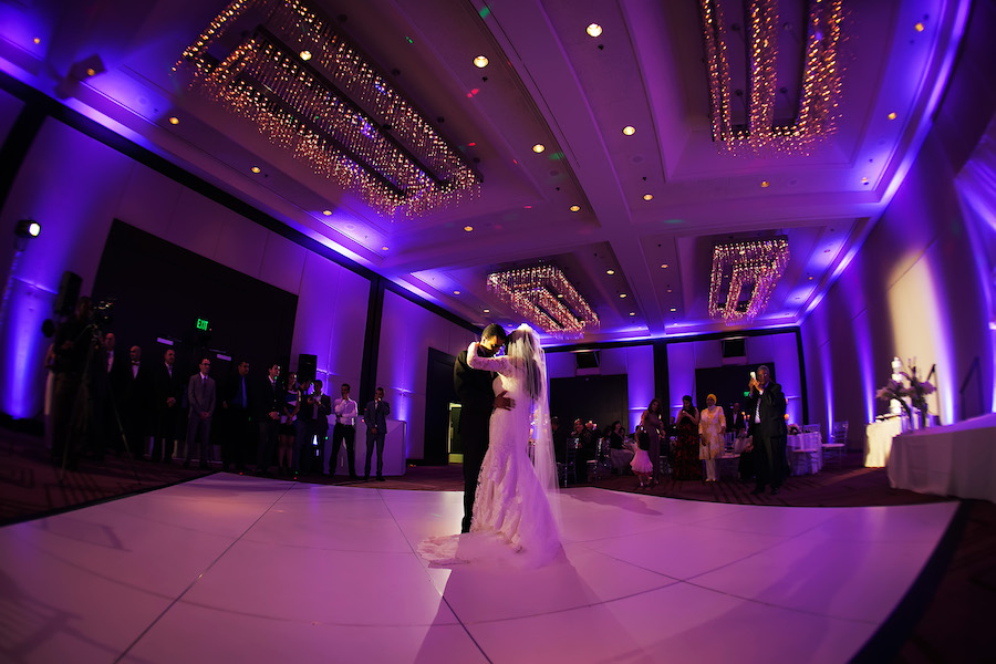 Bride and Groom First Dance at Elegant Ballroom Wedding Reception | Tampa Hotel Wedding Venue Hilton Downtown | Wedding Photographer Limelight Photography