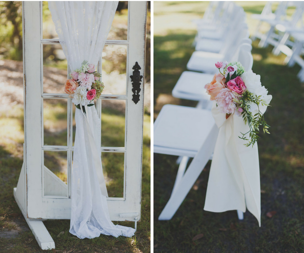 Rustic Outdoor Wedding Ceremony Inspiration | Vintage Door Pane with Draping and White Garden Chairs with Blush Pink and Salmon Flowers | Rustic Tampa Wedding Venue Cross Creek Ranch