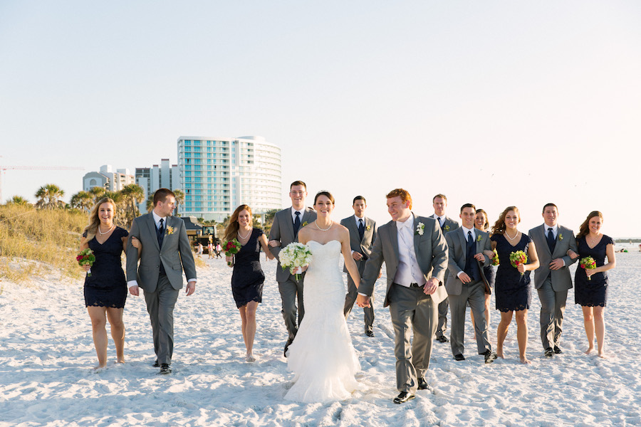 Bride, Groom and Wedding Bridal Party Clearwater Beach Walking Wedding Portrait