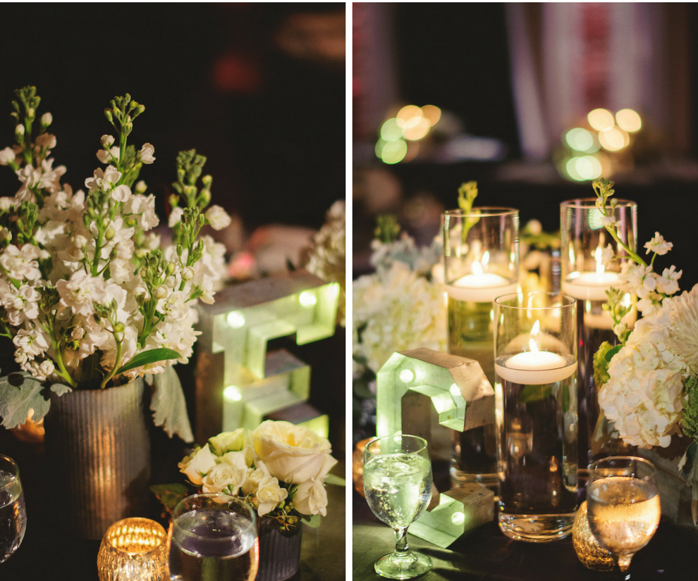 Ivory Flowers and Floating Candle Centerpieces with Lighted Marquee Letters by St. Petersburg Wedding Florist Iza's Flowers | Wedding Planner Special Moments Event Planning