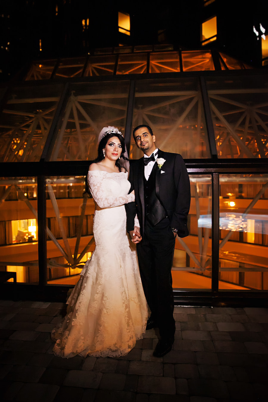 Elegant Nighttime Indian Bride and Groom Wedding Portrait | Downtown Tampa Hotel Wedding Venue Hilton Downtown | Wedding Photographer Limelight Photography