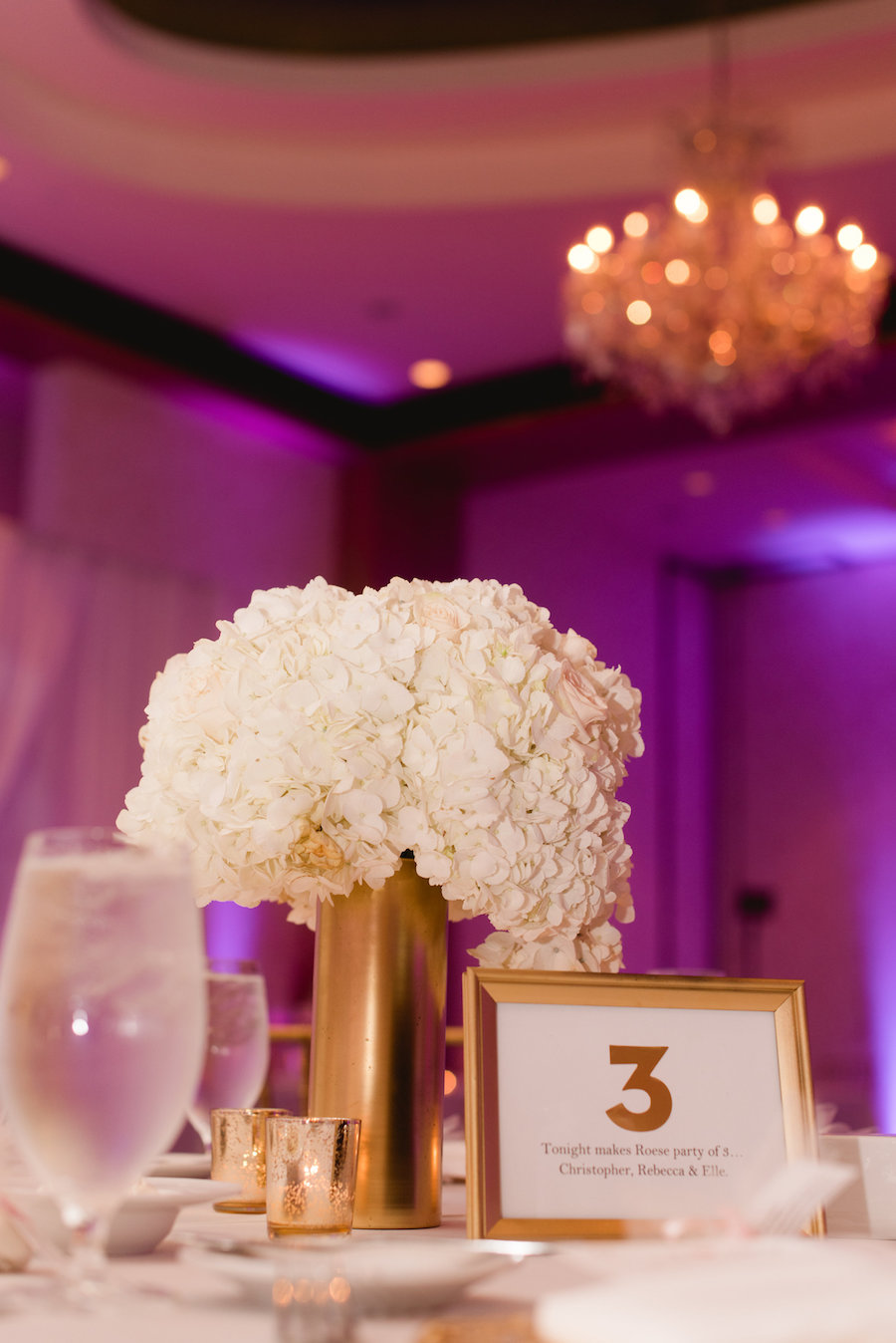 White Hydrangea Centerpieces with Gold Vase and Table Number | Elegant Ballroom Wedding Reception Decor Inspiration