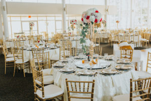 Gold and White Wedding Reception with Chiavari Chairs and Tall White, Red and Blush Pink Centerpieces | Wedding Reception Decor and Inspiration