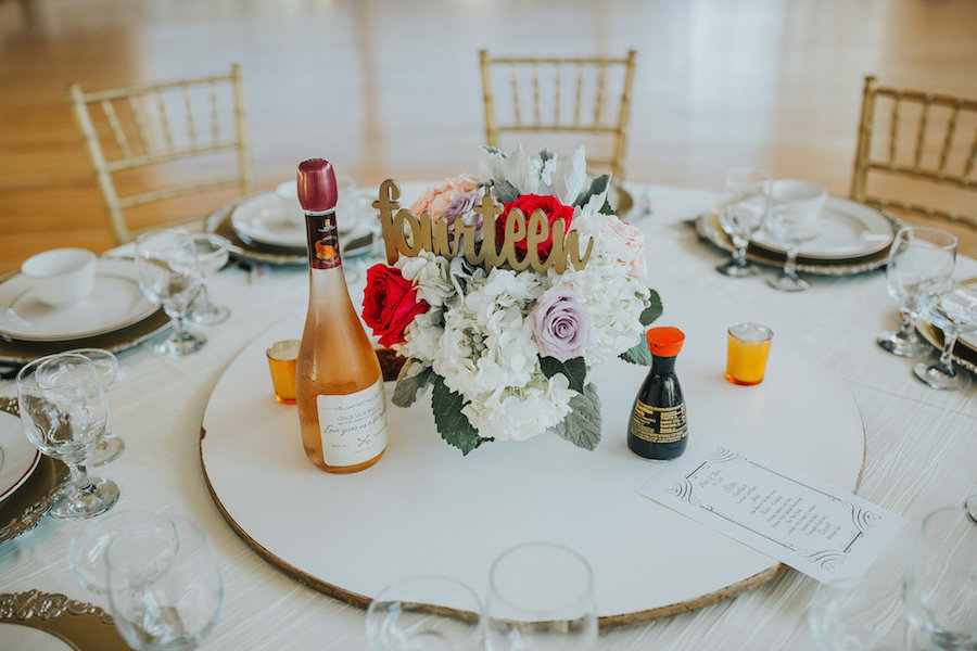 Gold and White Wedding Reception with Chiavari Chairs and White, Red, Purple Lavender and Blush Pink Centerpieces with Table Numbers | Wedding Reception Decor and Inspiration