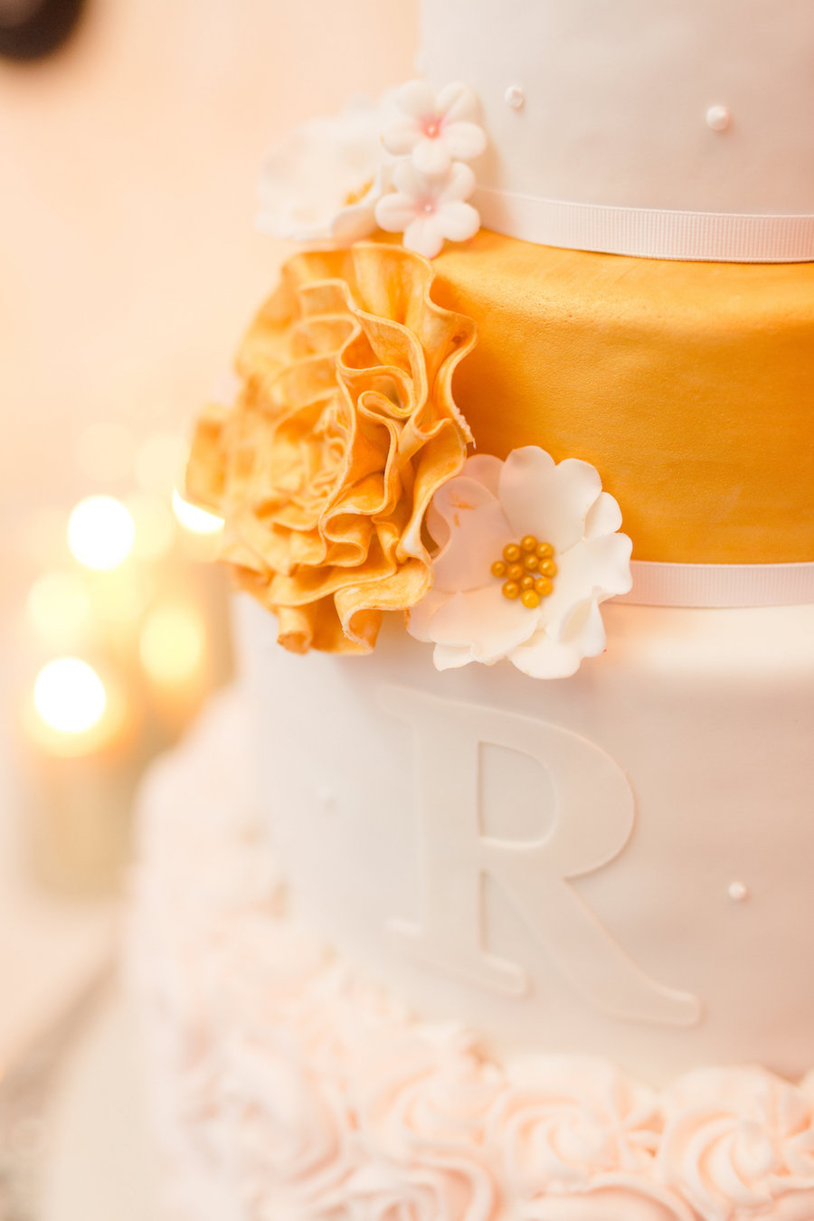 Gold and White Cake with Rosette Sugar Flowers and Fondant Initials | Elegant Wedding Cake Inspiration