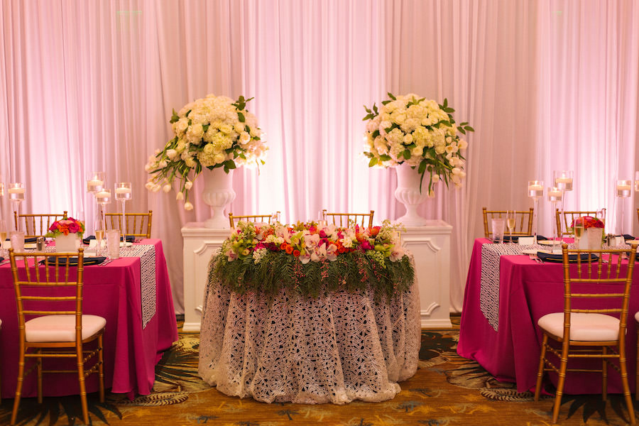Tropical Pink Wedding Reception Decor with Sweetheart Table | Clearwater Beach Hotel Wedding Venue | Hyatt Regency Clearwater