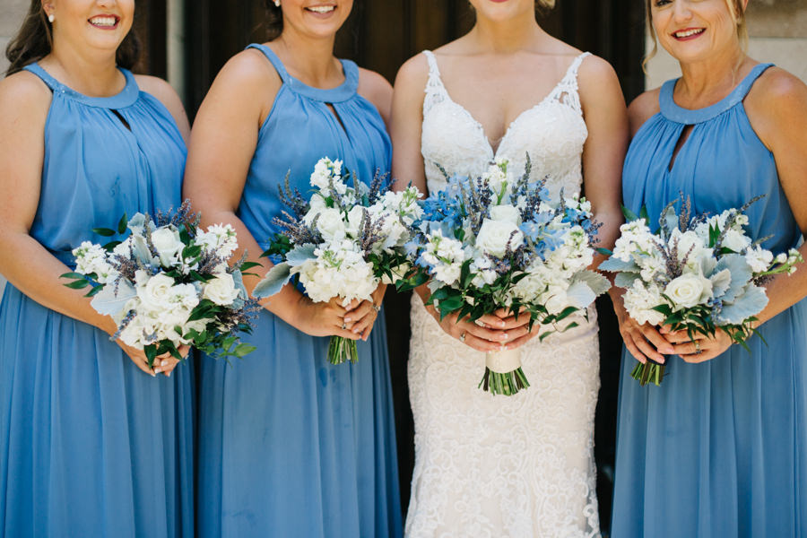 Bride and Bridesmaids in Blue Dresses and Blue and White Floral Wedding and Bridal Bouquets | Sarasota Wedding Florist Apple Blossoms Floral Design