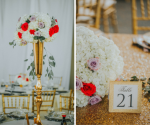Gold and White Wedding Reception with Chiavari Chairs and Tall White, Red and Blush Pink Centerpieces and Gold Table Numbers | Wedding Reception Decor and Inspiration