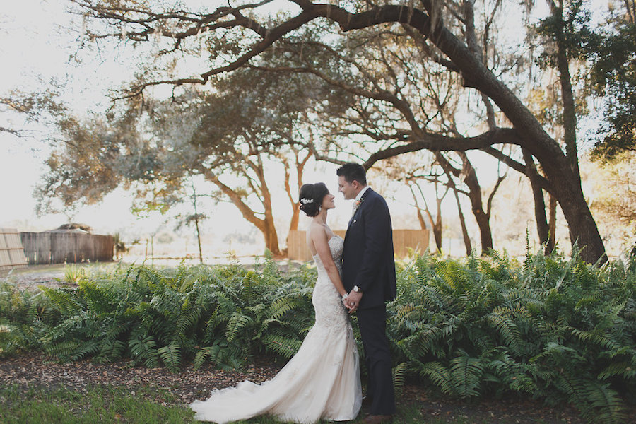 Bride and Groom Outdoor Nature Rustic Wedding Day Portrait | Cross Creek Ranch Wedding Venue in Tampa FL