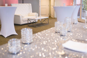 Silver Sparkle Sequined Linens with White Lounge Furniture | Tampa Bay Wedding Rentals Gabro Event Services