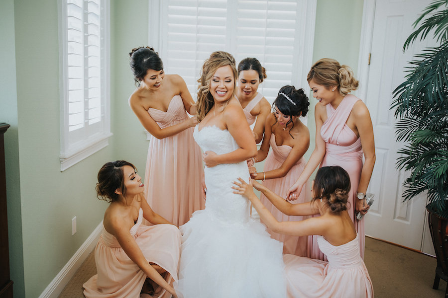 Bride Getting Ready on Wedding with Bridesmaids in Pink Blush Dresses | Tampa Bay Wedding Photographer Rad Red Creative