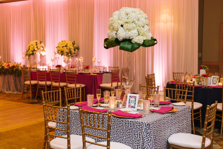 Elegant Black and White Ballroom Wedding Reception Decor with Tall White Centerpieces | Clearwater Beach Hotel Wedding Venue | Hyatt Regency Clearwater