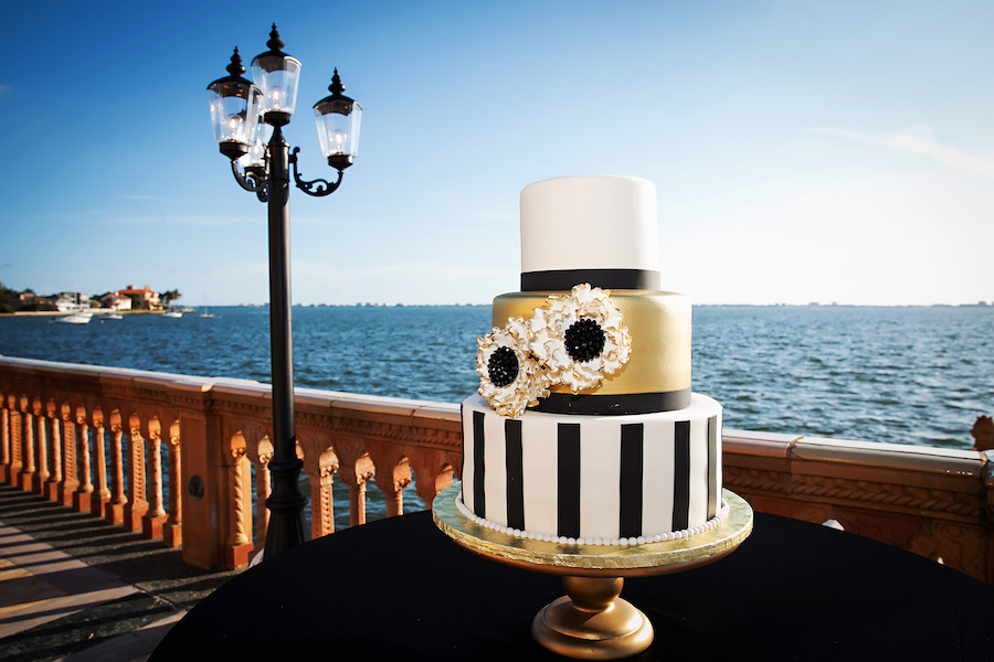 Modern Black White and Gold 3-Tier Wedding Cake at Outdoor Waterfront Wedding Reception | Historic Sarasota Wedding Venue Ringling Museum - Ca'd'Zan Mansion | Limelight Photography