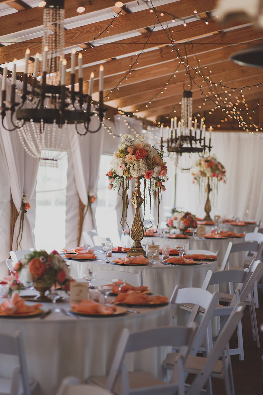 Rustic Elegance Wedding Reception with Blush, Gold and White Tall Centerpieces and Market String Lights | Tampa Wedding Venue Cross Creek Ranch