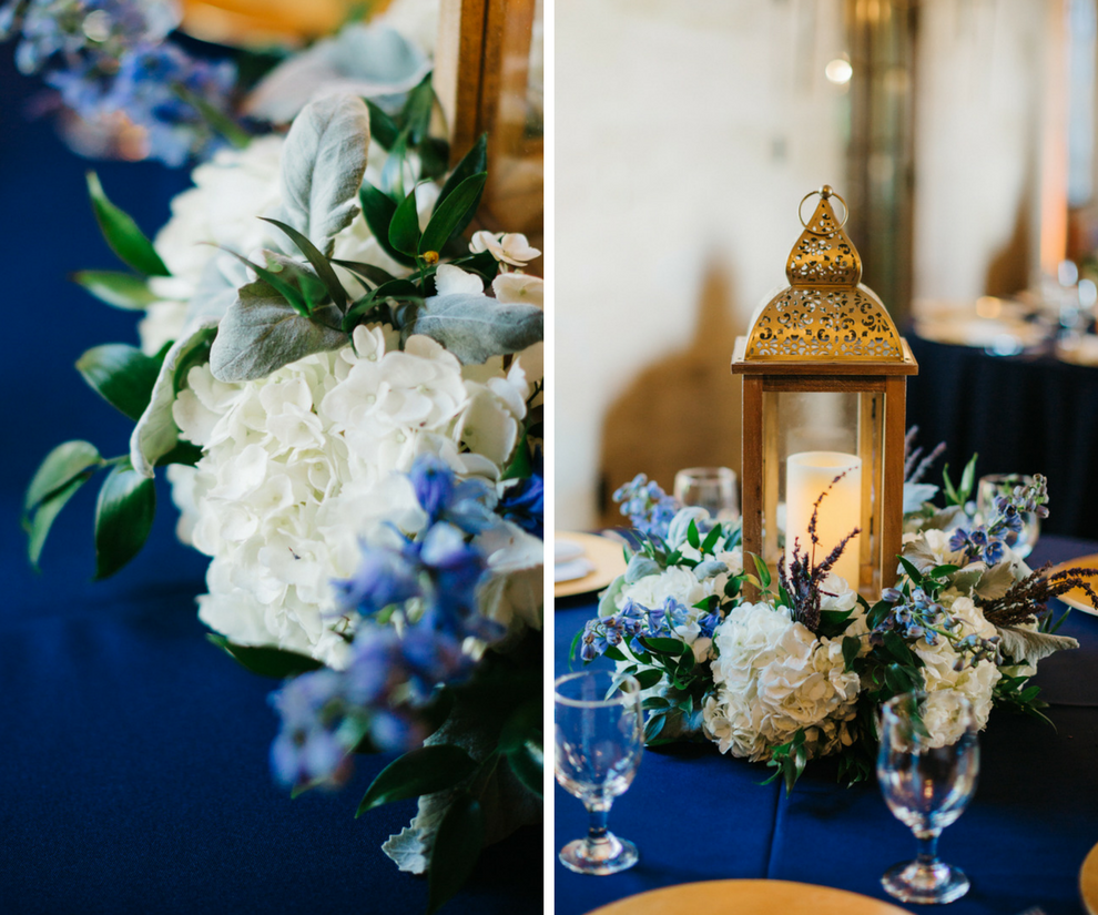 Wedding Reception Table Decor with Navy Blue Linens, Gold Lanterns, and Blue and White Floral Centerpieces | Sarasota Wedding Florist Apple Blossoms Floral Designs | Wedding Planner Nicholle Leonard Designs