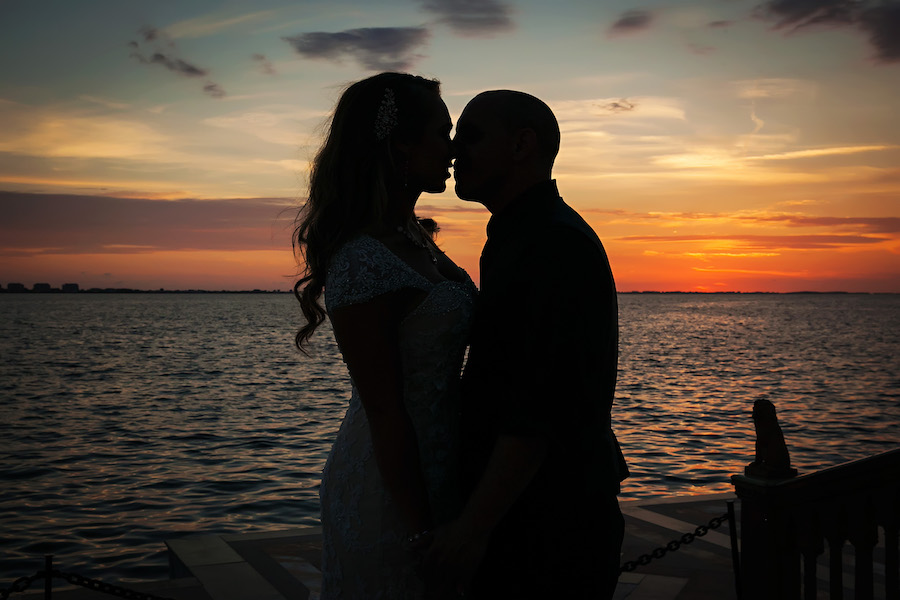 Bride and Groom Outdoor Waterfront Sunset Wedding Portrait | Sarasota Wedding Photographer Limelight Photography