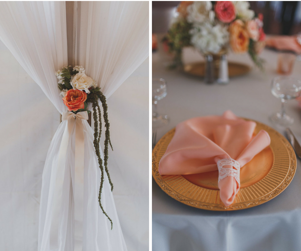 Blush Pink and Salmon Rustic Wedding Reception Décor with Gold Table Chargers and Lace Napkin Holders and Draping with Tied Greenery