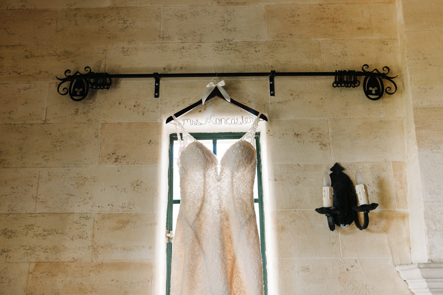 Ivory, Lace, Marina Liana Wedding Dress with Straps on Customized Wedding Hanger
