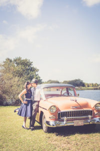 Vintage Car Wedding Engagement Session Shoot With Navy Blue Dress and Outfit