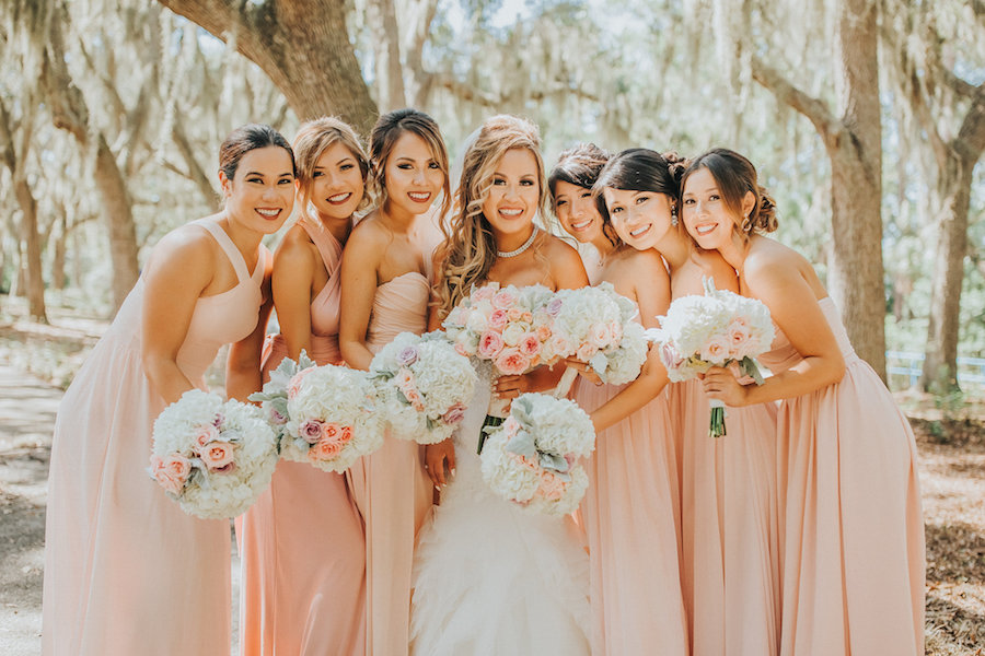 Bridal Party Bridesmaids Portrait in Pink Blush Peach Dresses | Tampa Bay Wedding Photographer Rad Red Creative
