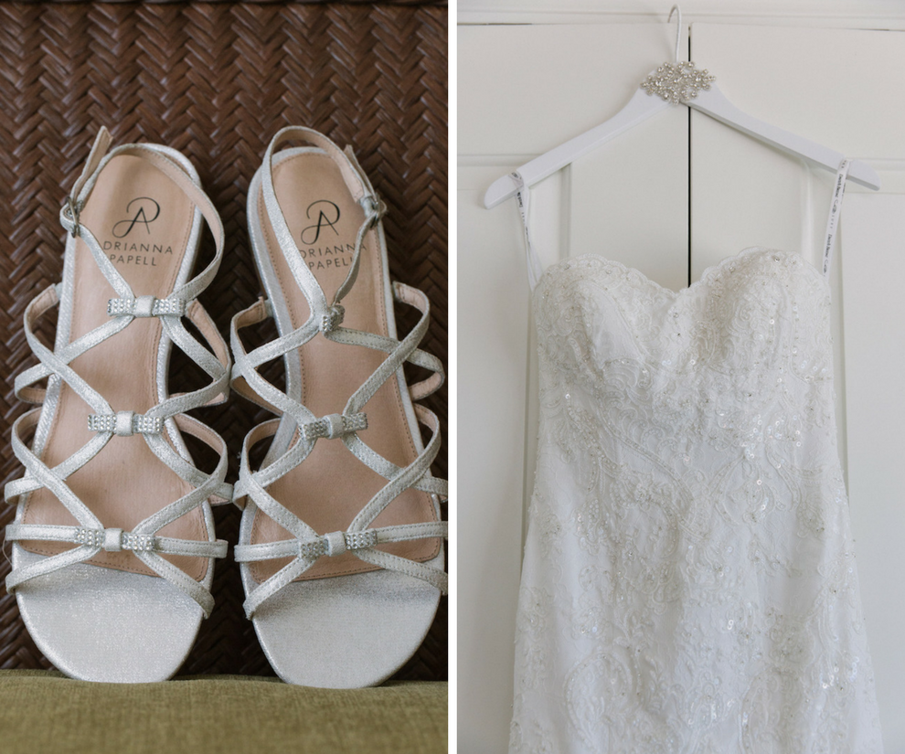 Open Toe Strappy Wedding Shoes and White Sweetheart David’s Bridal Wedding Dress