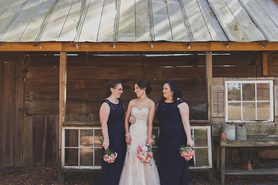 Bridal Party Wedding Portrait with Navy Bridesmaid Gowns and Cream, Beaded Sweetheart Trumpet Style Wedding Dress | Tampa FL Wedding Venue Cross Creek RanchRustic Tampa Bay Wedding Venue Cross Creek Ranch