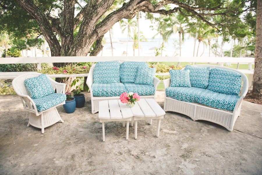 Bahamas Destination Beach Caribbean Ceremony Venue with Tropical Wicker Lounge | Aisle Society Weddings Abaco Beach Resort