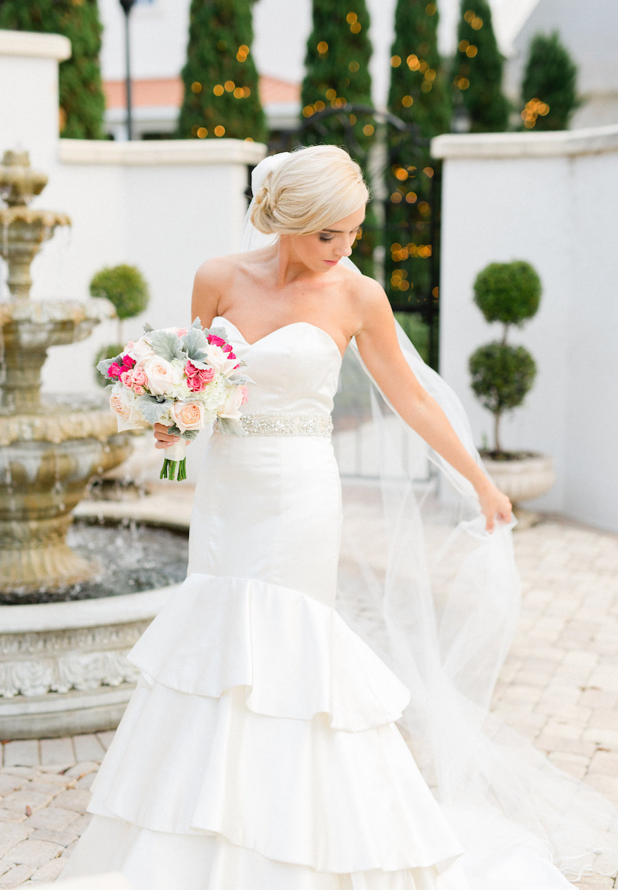 Bride in Sweetheart Strapless Wedding Dress with Rhinestone Belt and Long Veil | Blush Pink, White and Hot Pink Fuchsia Wedding Bouquet with Succulents