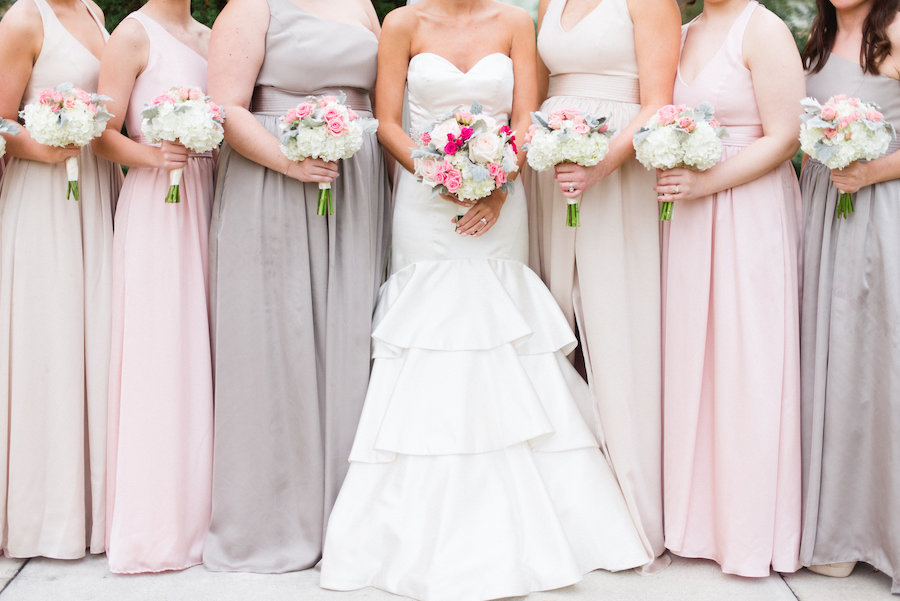 Mismatched Pastel Bridesmaids Dresses | Blush Pink, White and Hot Pink Fuchsia Wedding Bouquet with Succulents
