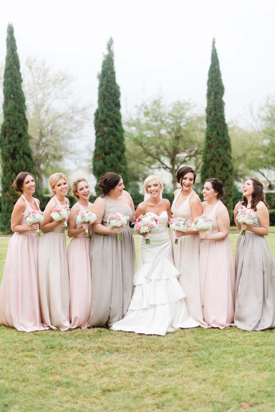 Mismatched Pastel Bridesmaids Dresses | Blush Pink, White and Hot Pink Fuchsia Wedding Bouquet with Succulents