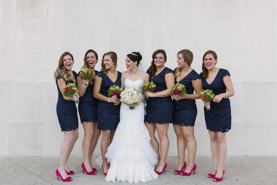 Bridesmaids Reaction to Seeing Bride on Wedding Day | Short Navy Blue Bridesmaids Dresses and Red High Heel Wedding Shoes