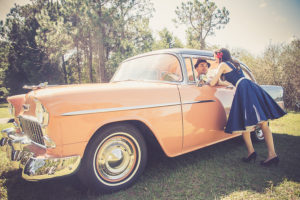 Vintage Car Wedding Engagement Session Shoot With Navy Blue Dress and Outfit