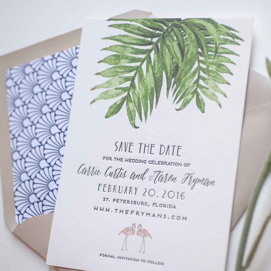Letterpress Tropical Palm Tree Florida Inspired Save the Date Wedding Invitations | St. Petersburg Wedding Invitation Designer A&P Design Co.